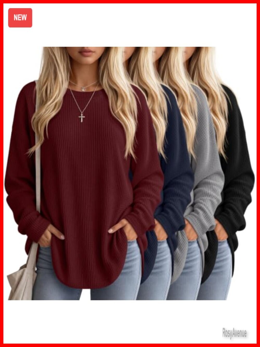 Waffle Knit Oversized Long Sleeve Sweatshirts 4 Pack Womens Crew Neck